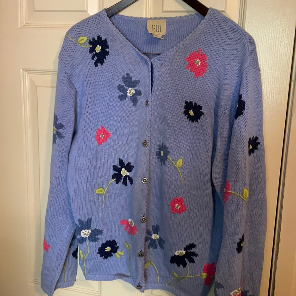 Vintage Teddi knitted flowers cardigan/sweater XL Cotton 45%, Ramie 55%,